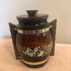 Vintage Siesta Ware Brown Glass Crunch Bunch Snack Jar Wood Lid & Handles